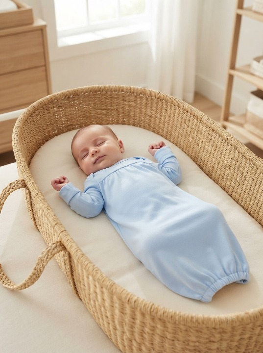 Organic newborn gown in sky blue with lap shoulder design, baby
sleeping peacefully in Moses basket