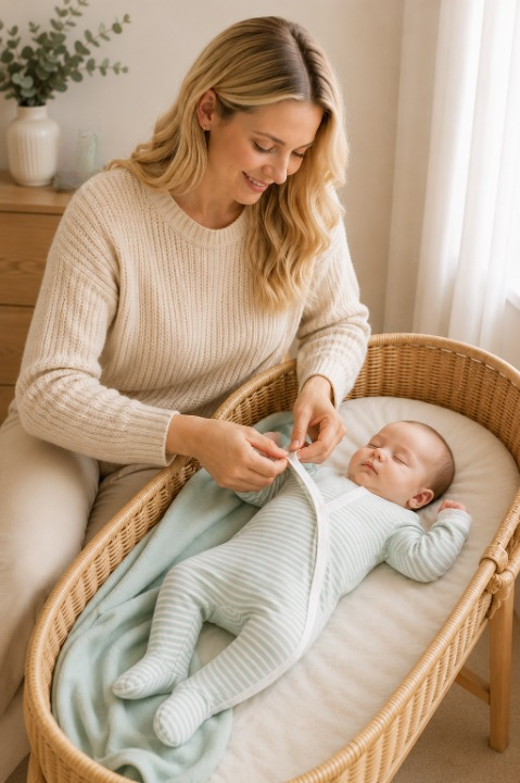 Mother fastening organic newborn sleepsuit side snap closure,
baby resting peacefully in Moses basket