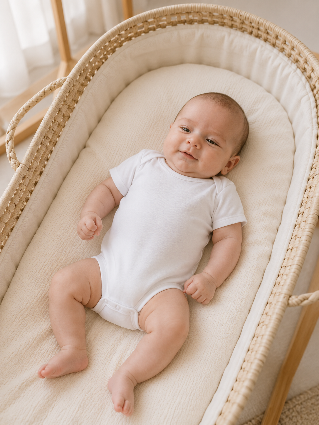 wearing Prima Cotton’s Organic Baby Bodysuit for Sensitive Skin made from 100% GOTS-certified organic Egyptian cotton while resting peacefully in a natural Moses basket.
