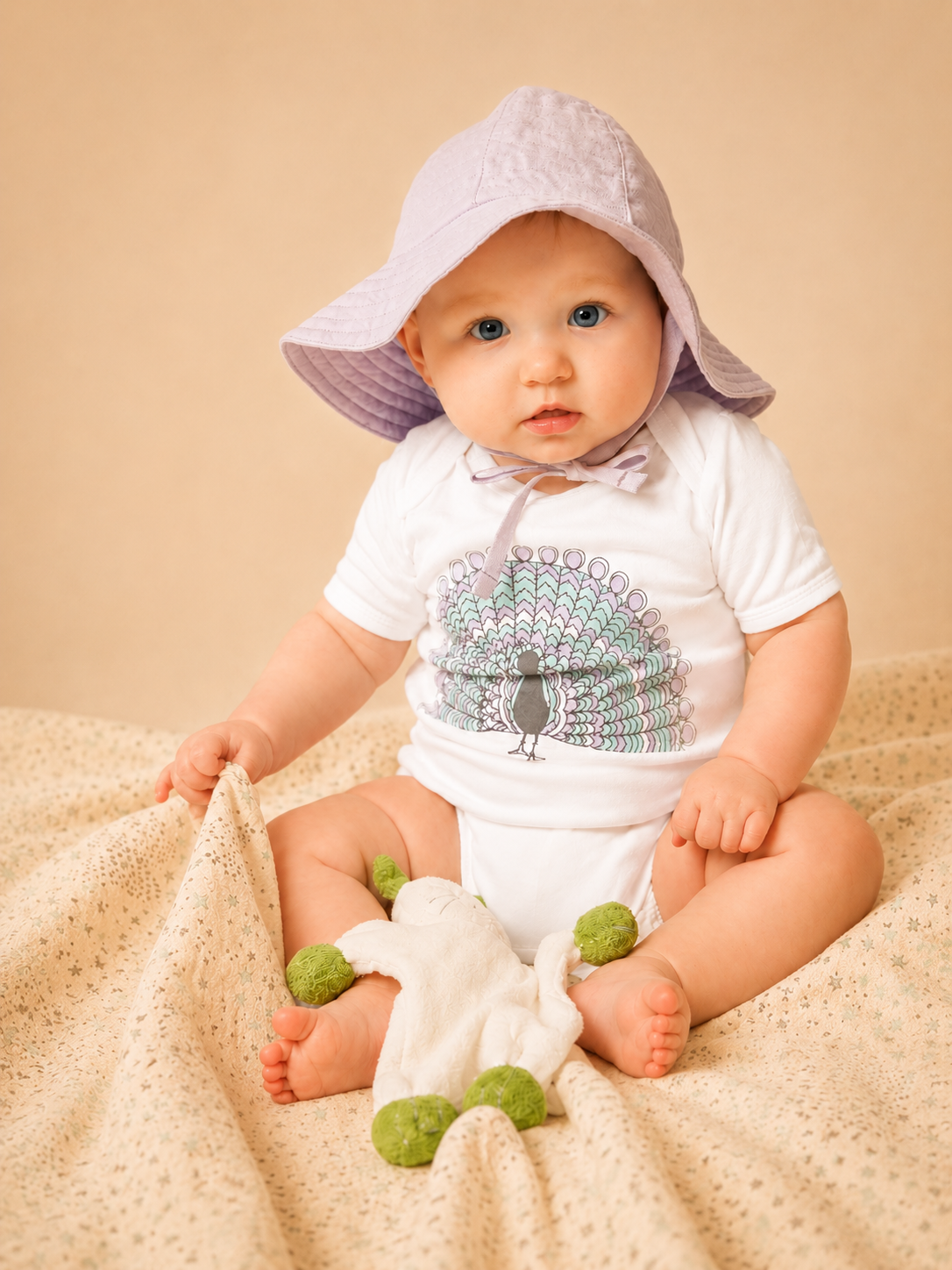 Baby wearing a white organic baby bodysuit with a pastel peacock print in GOTS-certified organic Egyptian cotton, sitting on a soft blanket