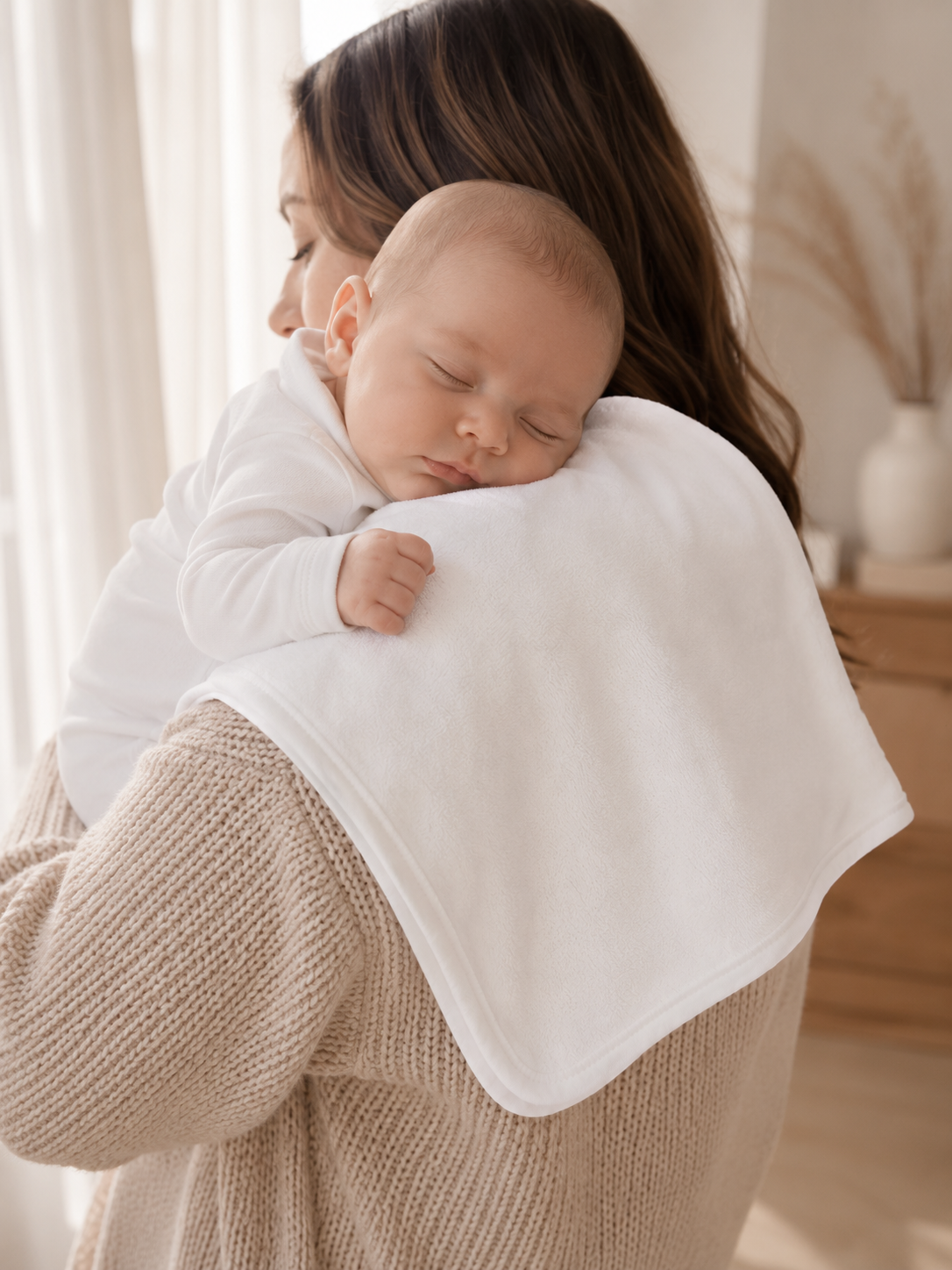 0–3 month old newborn resting on a parent’s shoulder with Prima Cotton’s Organic Burp Cloth for Sensitive Skin creating a soft protective layer between the baby’s cheek and everyday clothing.