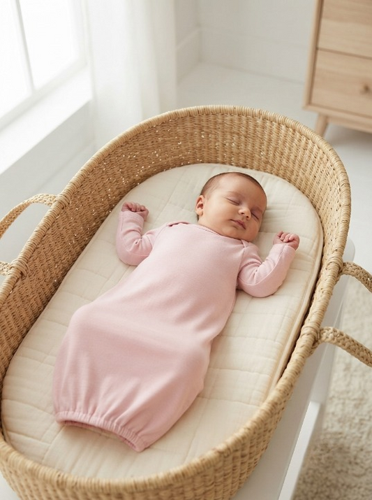 Organic newborn gown in soft pink with lap shoulder design, baby
sleeping peacefully in Moses basket