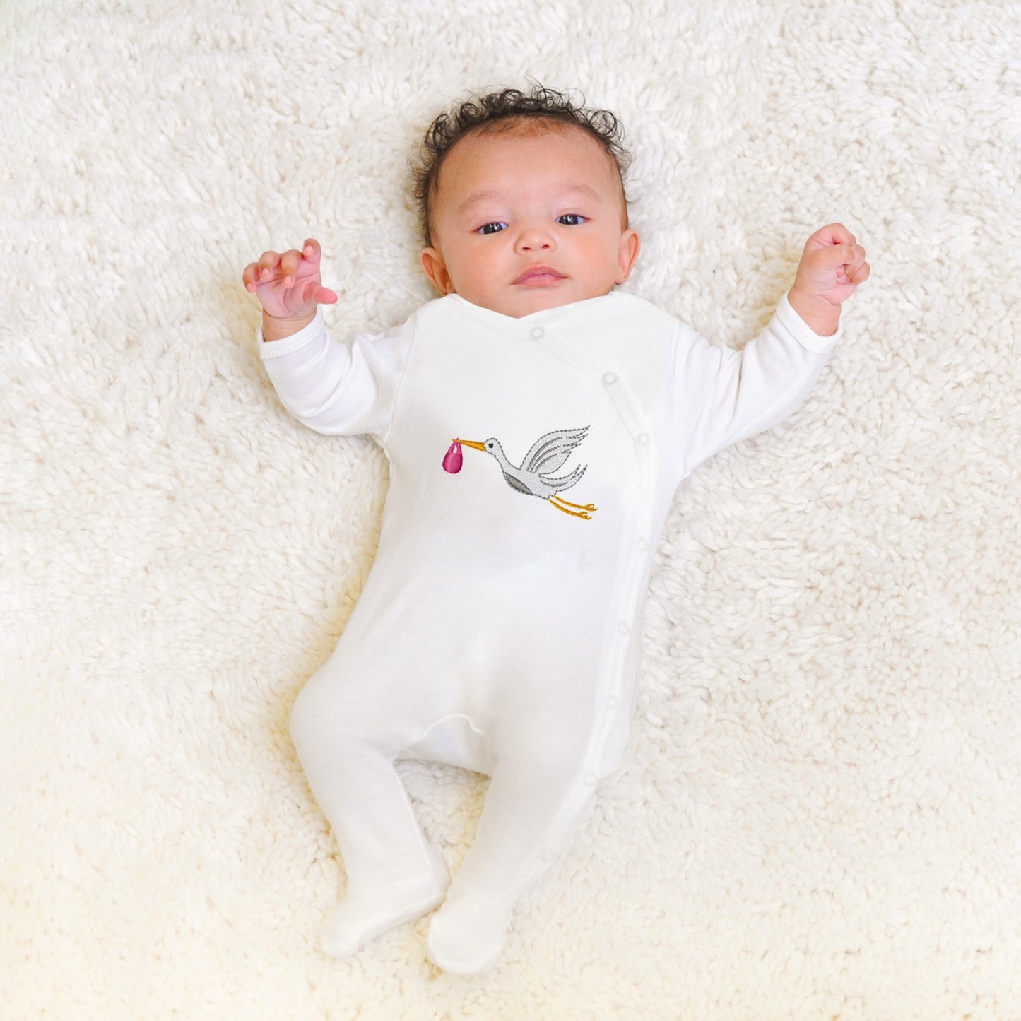 Stork embroidered Footie with side snap for easy change