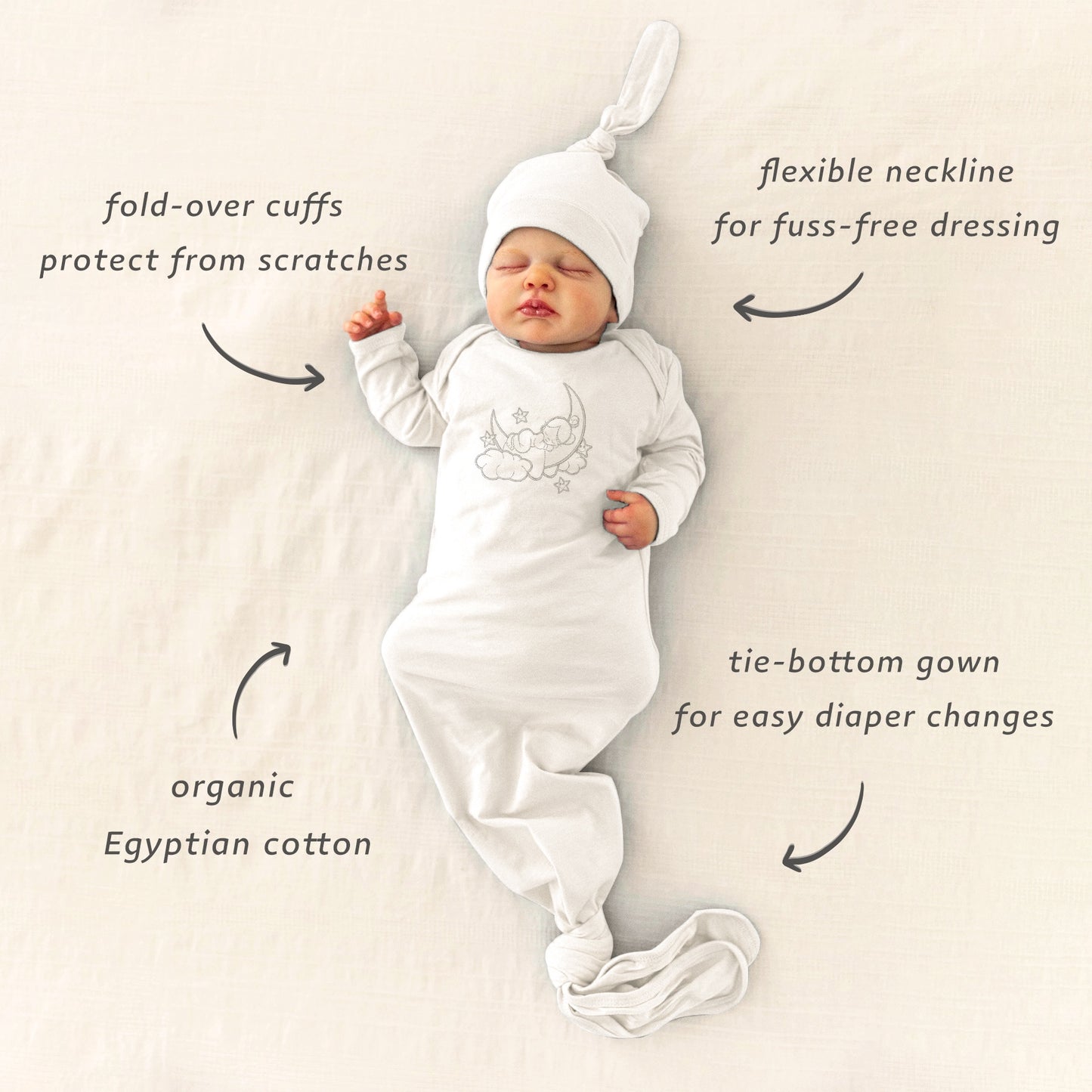 sleeping baby embroidered Gown with flexible neckline, fold-over cuffs, and tie-bottoms