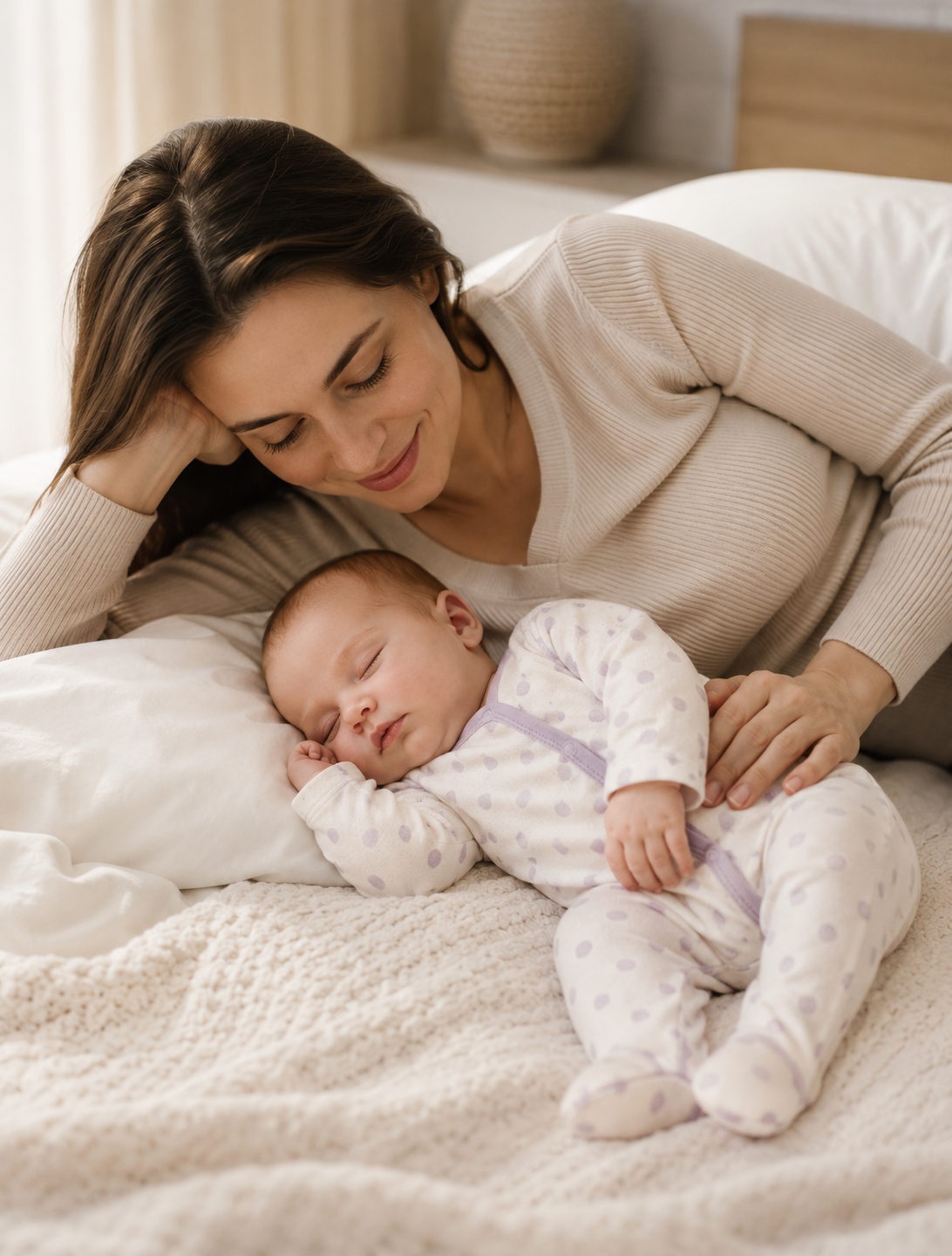 Mother lying beside her baby while exploring organic cotton baby clothes