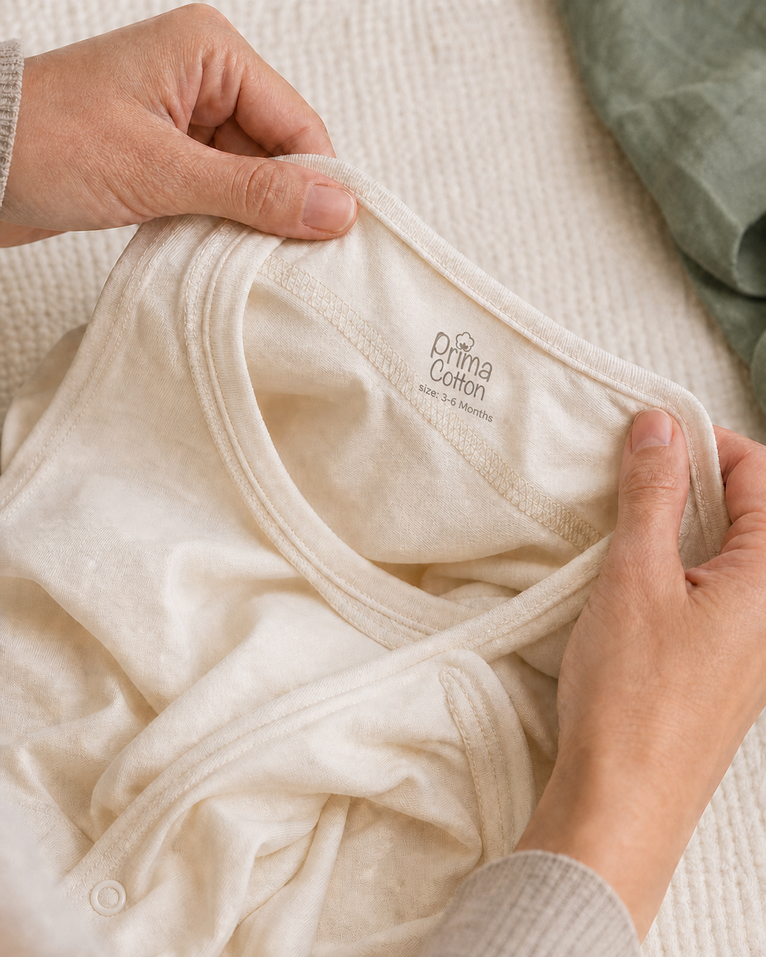 Parent examining the inside fabric, seams or label of a baby organic cotton clothes.