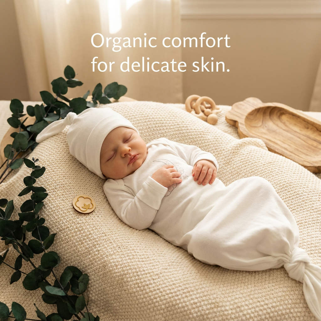 Sleeping baby wearing Prima Cotton sensitive skin baby clothes made from 100% GOTS-certified organic Egyptian cotton.