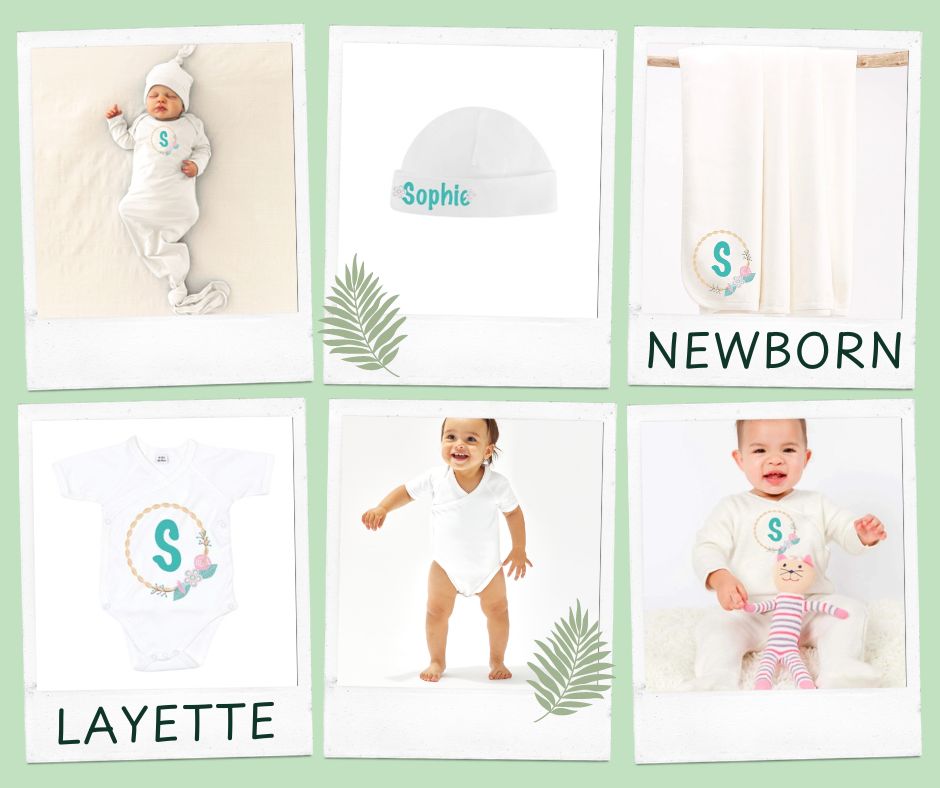 Boho  flower bouquet Newborn Layette in organic cotton- personalised baby gift