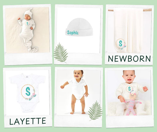 Boho  flower bouquet Newborn Layette in organic cotton- personalised baby gift