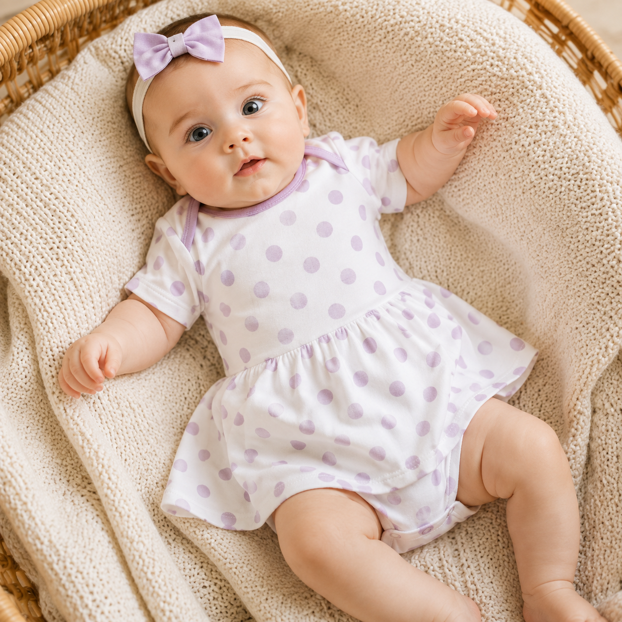 Organic baby bodysuit with lavender polka dots worn by a baby lying on a soft knitted blanket