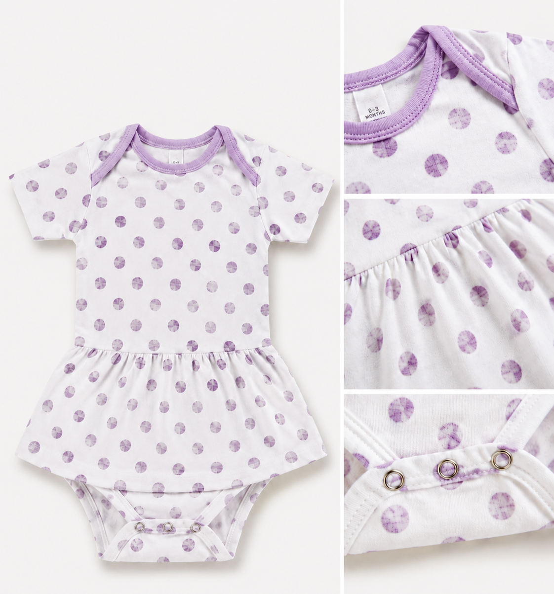 Organic baby bodysuit with lavender polka dots, soft cotton fabric, envelope neckline, gathered skirt and snap fastening details