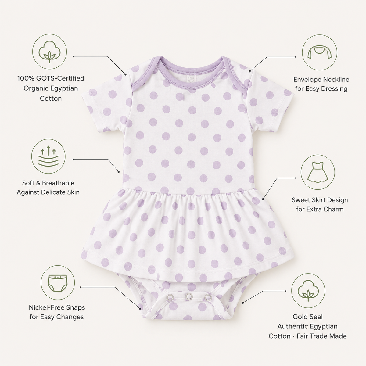 Organic Baby Bodysuit with lavender polka dots, GOTS-certified organic Egyptian cotton, envelope neckline, soft breathable fabric and nickel-free snaps