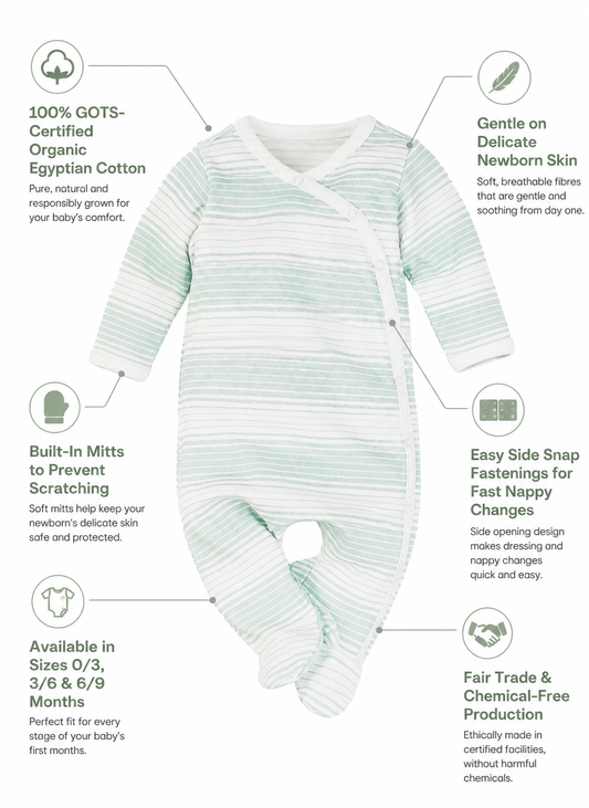 Organic newborn sleepsuit features infographic - 100% GOTS-certified 
Egyptian cotton, side snap fastenings, and built-in mitts, Prima Cotton
