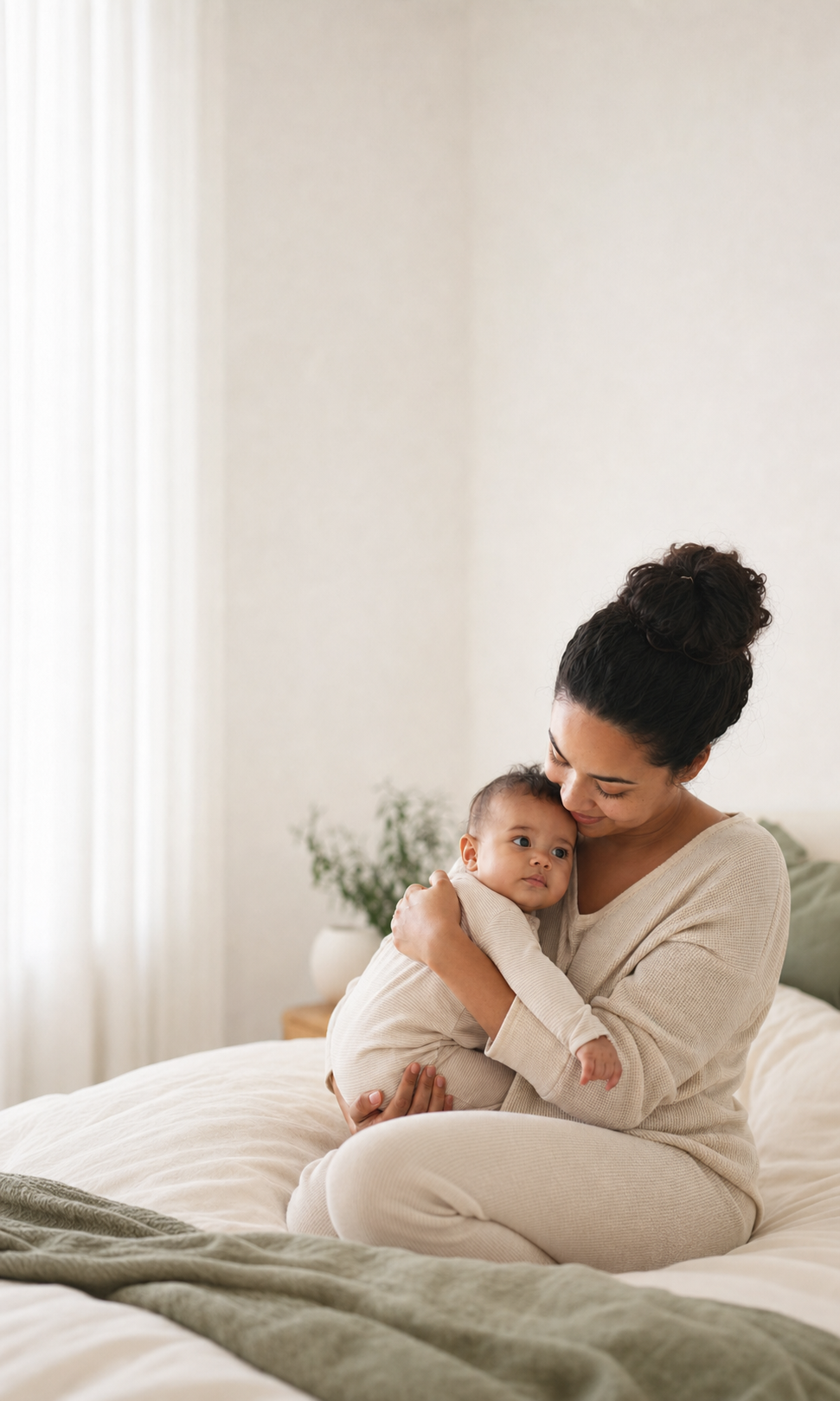 Parent gently comforting their baby during a calm everyday care routine. Learning about baby eczema and sensitive skin care.
