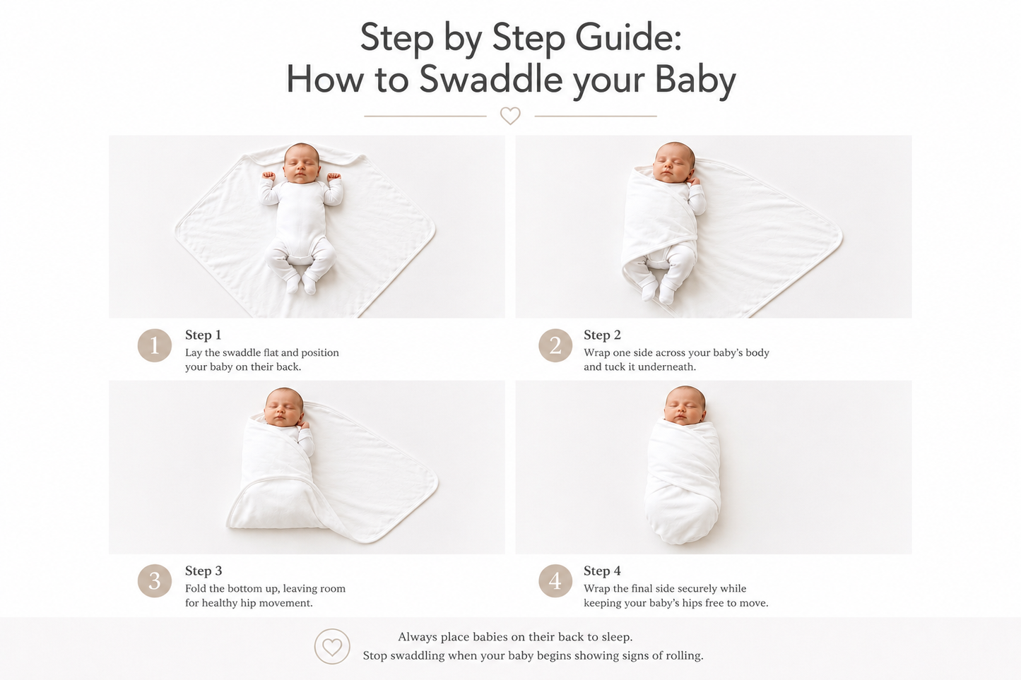 Step-by-step infographic showing how to safely swaddle a newborn using Prima Cotton’s Organic Baby Swaddle for Sensitive Skin made from 100% GOTS-certified organic Egyptian cotton.