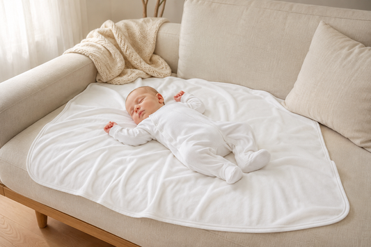 Newborn baby resting on Prima Cotton’s Organic Baby Blanket for Sensitive Skin, creating a soft protective layer made from 100% GOTS-certified organic Egyptian cotton.