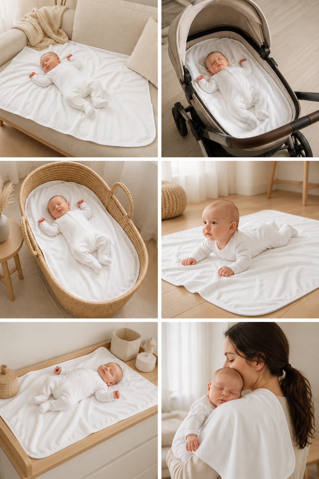 Lifestyle collage showing Prima Cotton’s Organic Baby Blanket for Sensitive Skin used as a receiving blanket, pram blanket, Moses basket liner, tummy time blanket, changing mat cover and feeding blanket.