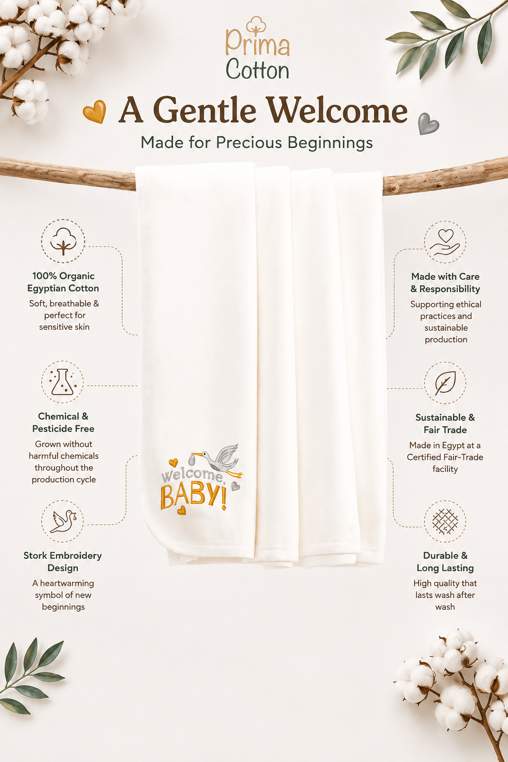 Organic baby blanket infographic showing 100% organic Egyptian cotton, chemical and pesticide-free production, stork embroidery design, Fair Trade certification and long-lasting durability