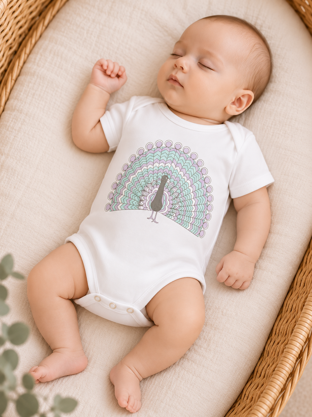 Organic baby bodysuit infographic showing a sleeping newborn in a Moses basket, with callouts for GOTS-certified organic Egyptian cotton, breathable fabric, gentle everyday comfort, timeless unisex design and easy popper fastenings