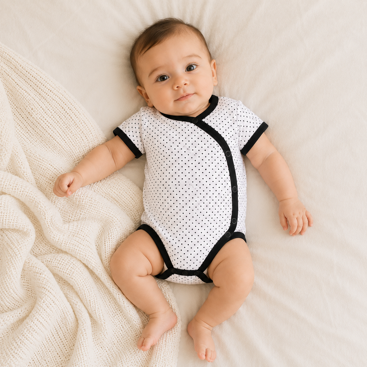 Newborn wearing an organic baby bodysuit with a black polka dot print and side snap fastening, lying on a cream blanket