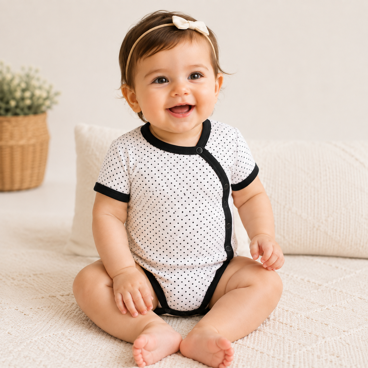 organic-baby-bodysuit-polka-dot-sitting-prima-cotton.webp
Alt Text: Baby sitting and smiling while wearing an organic Egyptian cotton bodysuit with a classic black polka dot print