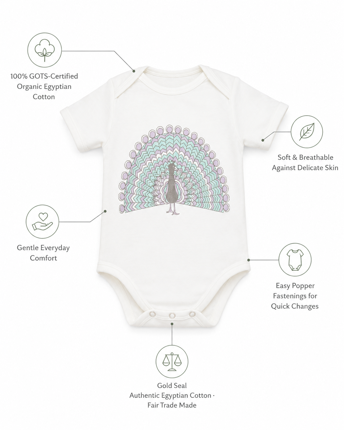 Organic baby bodysuit in GOTS-certified organic Egyptian cotton with a pastel peacock print and short sleeves