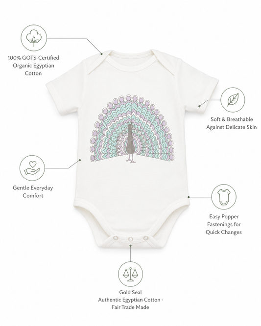 Organic baby bodysuit in GOTS-certified organic Egyptian cotton with a pastel peacock print and short sleeves