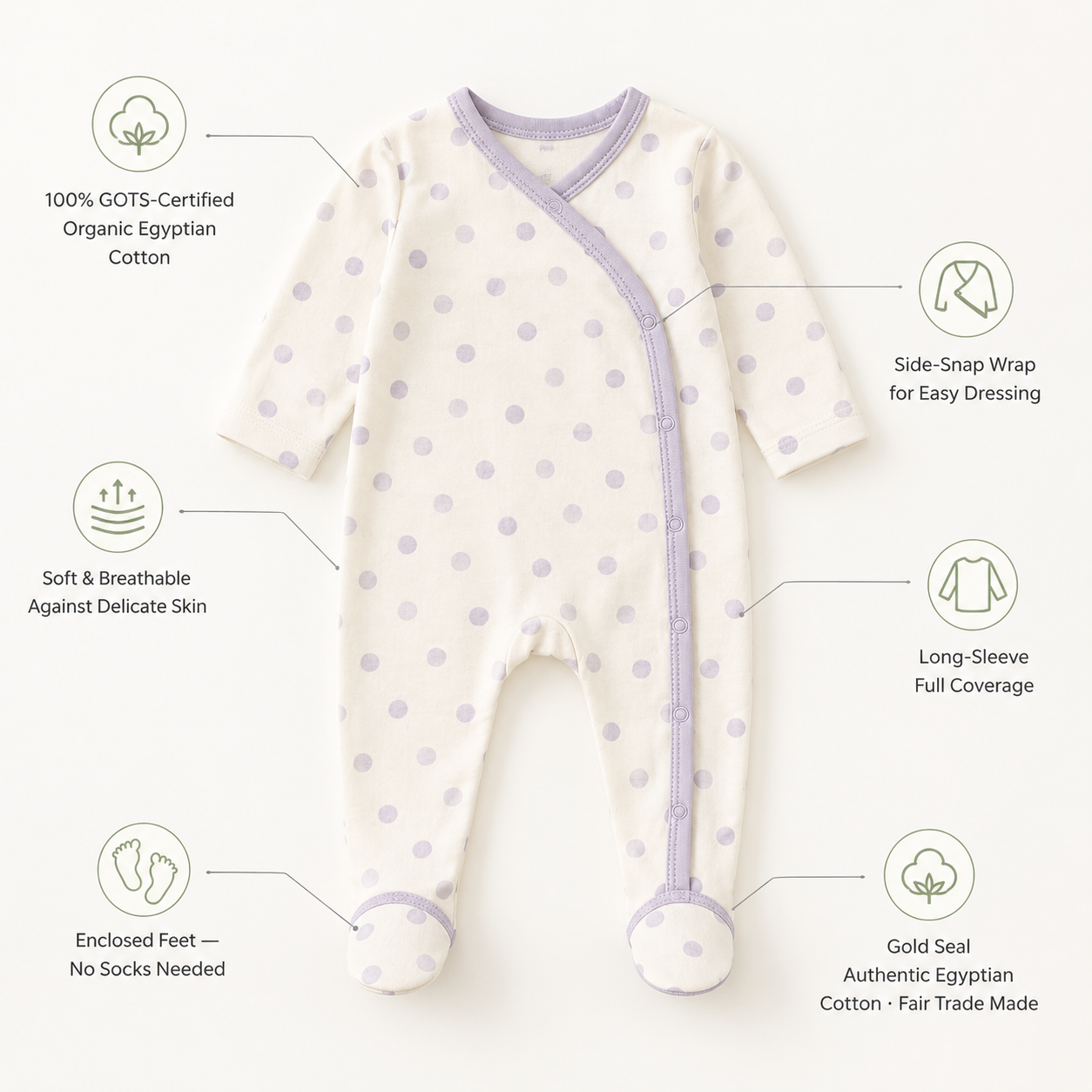 Organic baby footie in GOTS-certified organic Egyptian cotton with a lavender polka dot print, showing features including enclosed feet, a side-snap wrap front and long sleeves