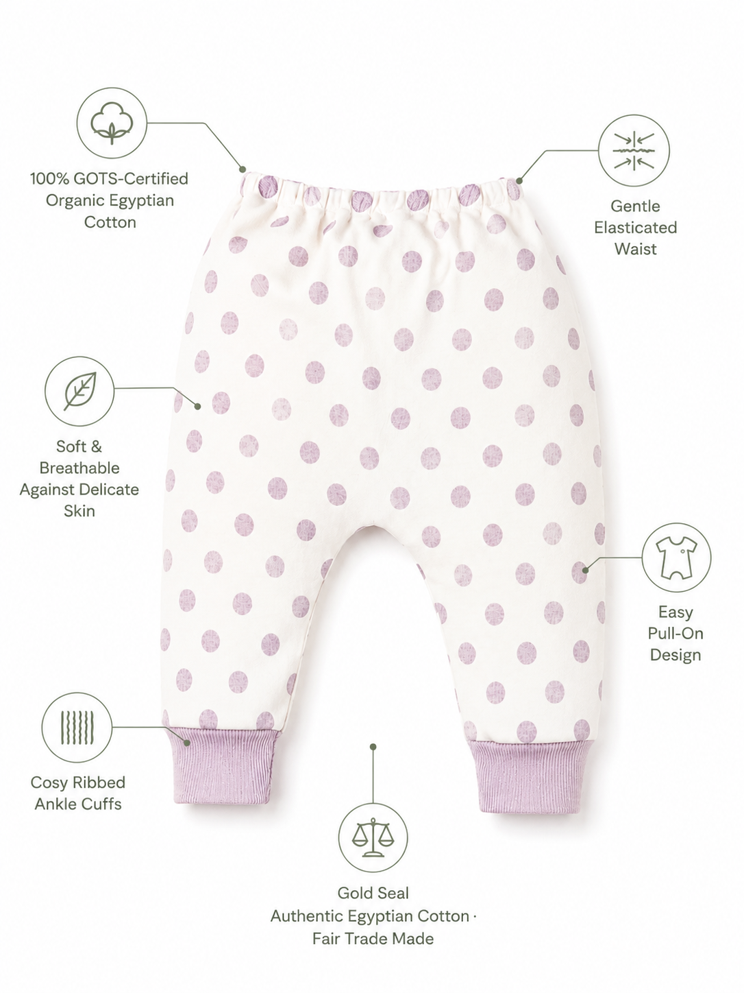 Organic baby harem pants in GOTS-certified organic Egyptian cotton with a lavender polka dot print, showing features including a gentle elasticated waist, cosy ribbed ankle cuffs and an easy pull-on design