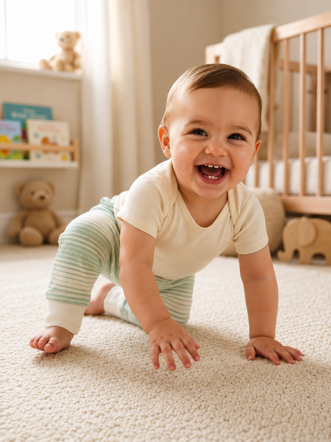 Smiling baby crawling while wearing green striped organic baby harem pants in GOTS-certified organic Egyptian cotton, with soft ribbed ankle cuffs