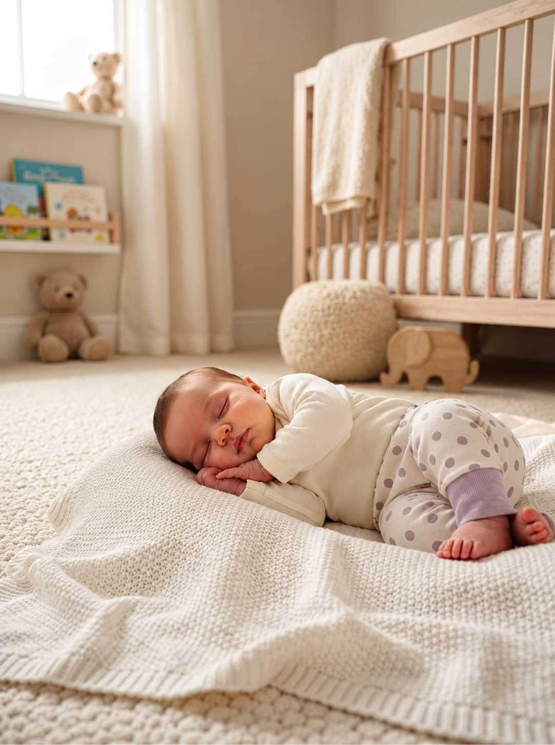 Baby sleeping while wearing organic baby harem pants in GOTS-certified organic Egyptian cotton, with a soft lavender polka dot print and ribbed ankle cuffs
