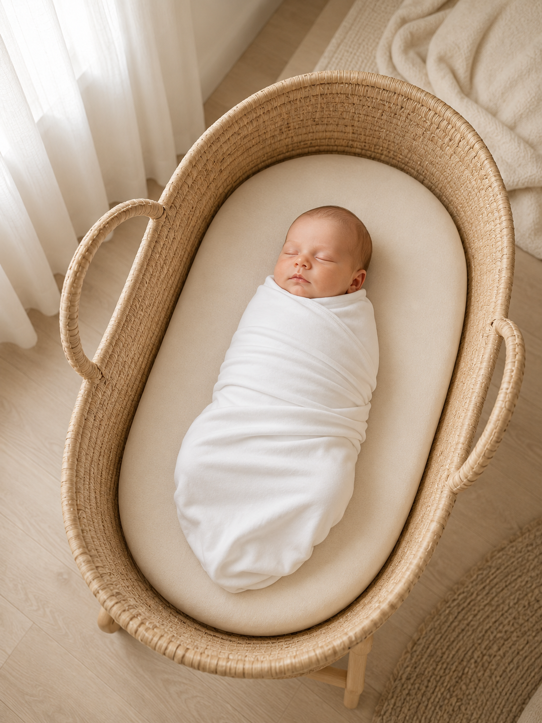 Sleeping newborn safely swaddled in Prima Cotton’s Organic Baby Swaddle for Sensitive Skin, resting in a natural Moses basket on 100% GOTS-certified organic Egyptian cotton.