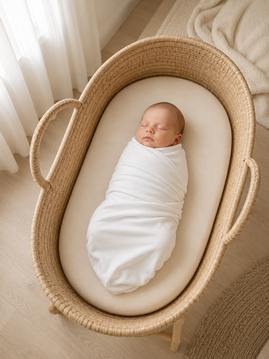 Sleeping newborn safely swaddled in Prima Cotton’s Organic Baby Swaddle for Sensitive Skin, resting in a natural Moses basket on 100% GOTS-certified organic Egyptian cotton.