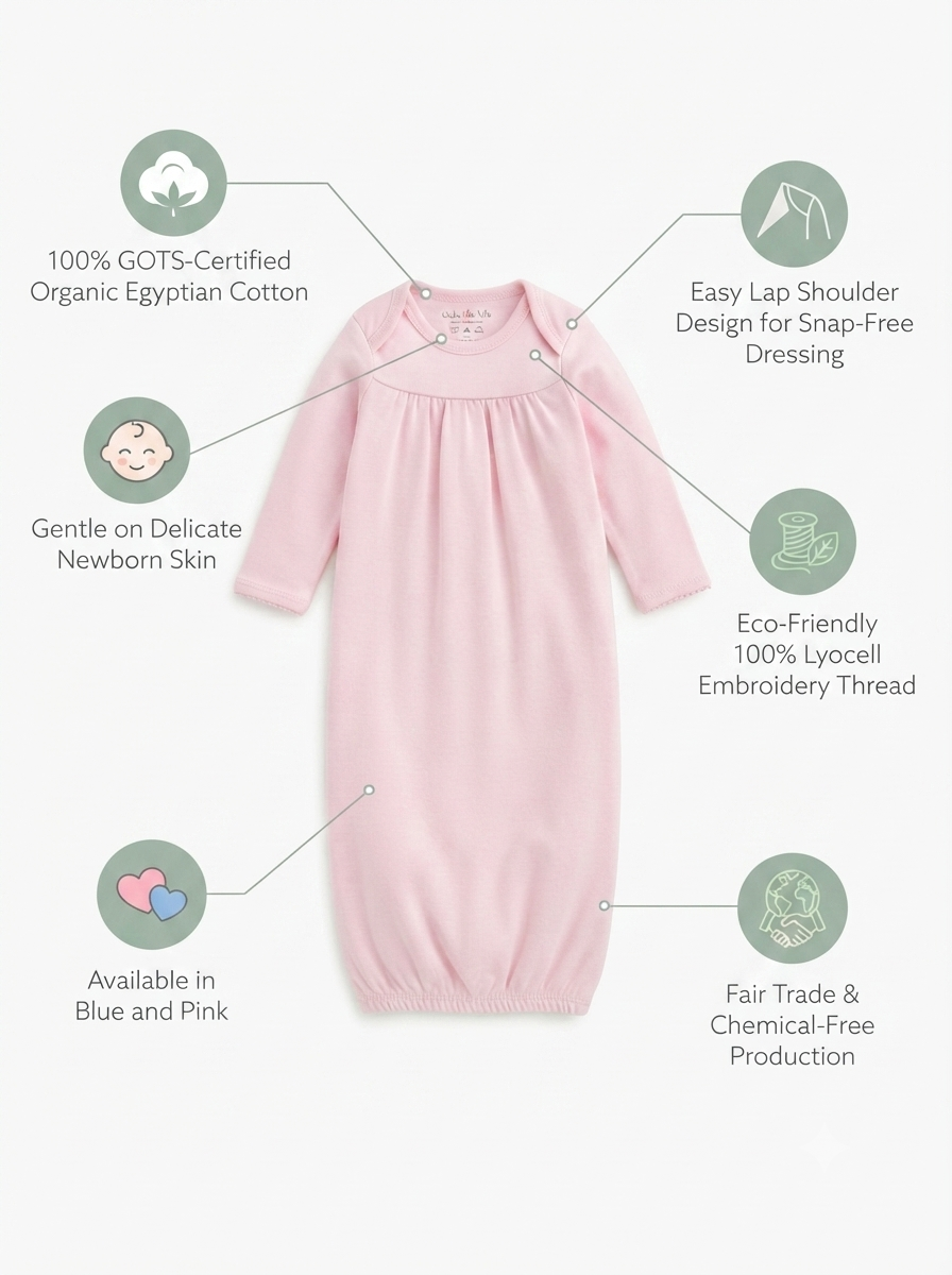 Organic newborn gown features - 100% GOTS-certified Egyptian cotton, 
lap shoulder design and Lyocell embroidery thread, Prima Cotton