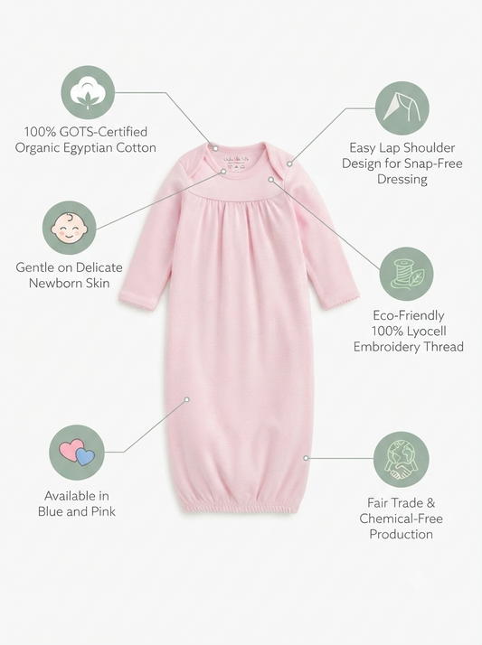 Organic newborn gown features - 100% GOTS-certified Egyptian cotton, 
lap shoulder design and Lyocell embroidery thread, Prima Cotton