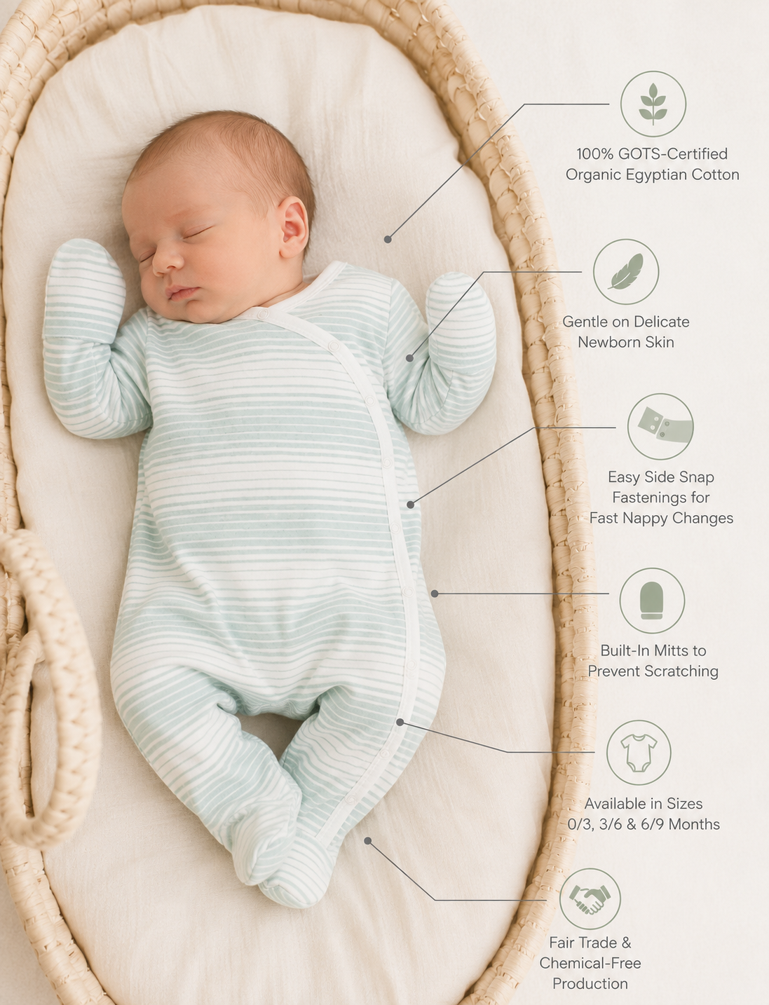 Organic newborn sleepsuit features - GOTS-certified organic Egyptian 
cotton, side snap fastenings and built-in mitts, Prima Cotton