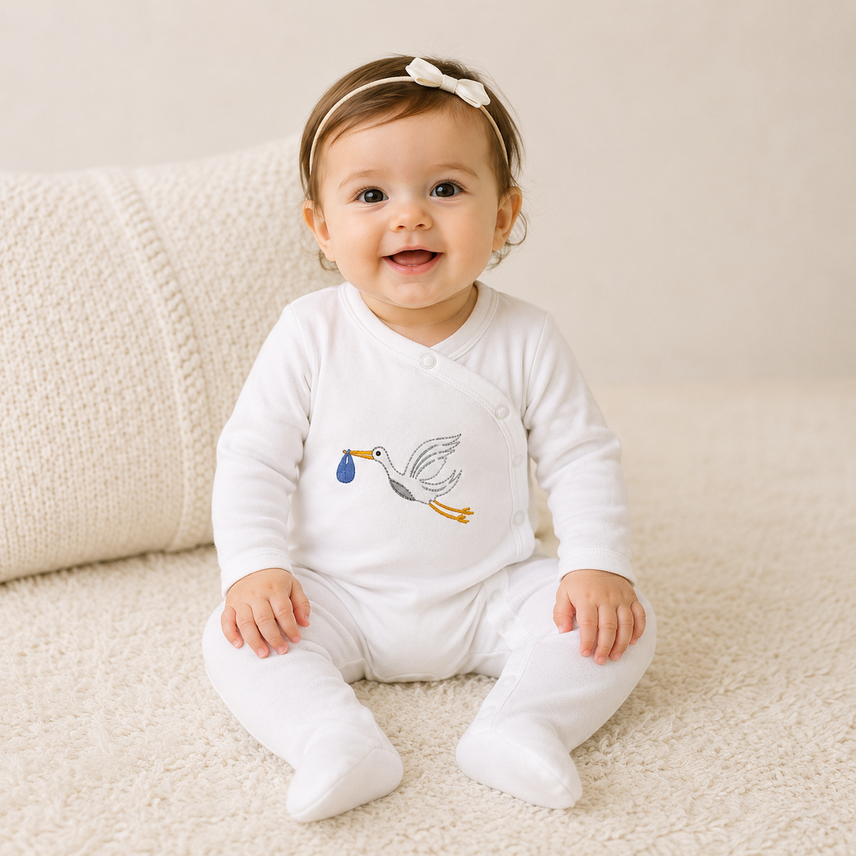 Baby sitting and smiling while wearing an organic Egyptian cotton sleepsuit with stork embroidery detail