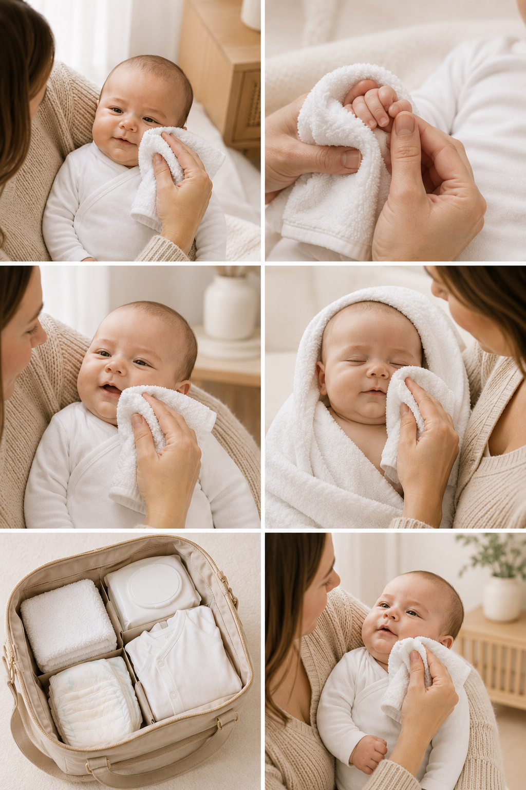 Lifestyle collage showing everyday uses of Organic Baby Washcloth for Sensitive Skin. For gentle newborn skincare and daily care. A six-panel collage showing a baby care and diaper-changing routine, featuring a mother holding a baby, changing the baby's diaper, wrapping the baby in a white towel, and a beige diaper bag filled with folded white diapers and wipes.