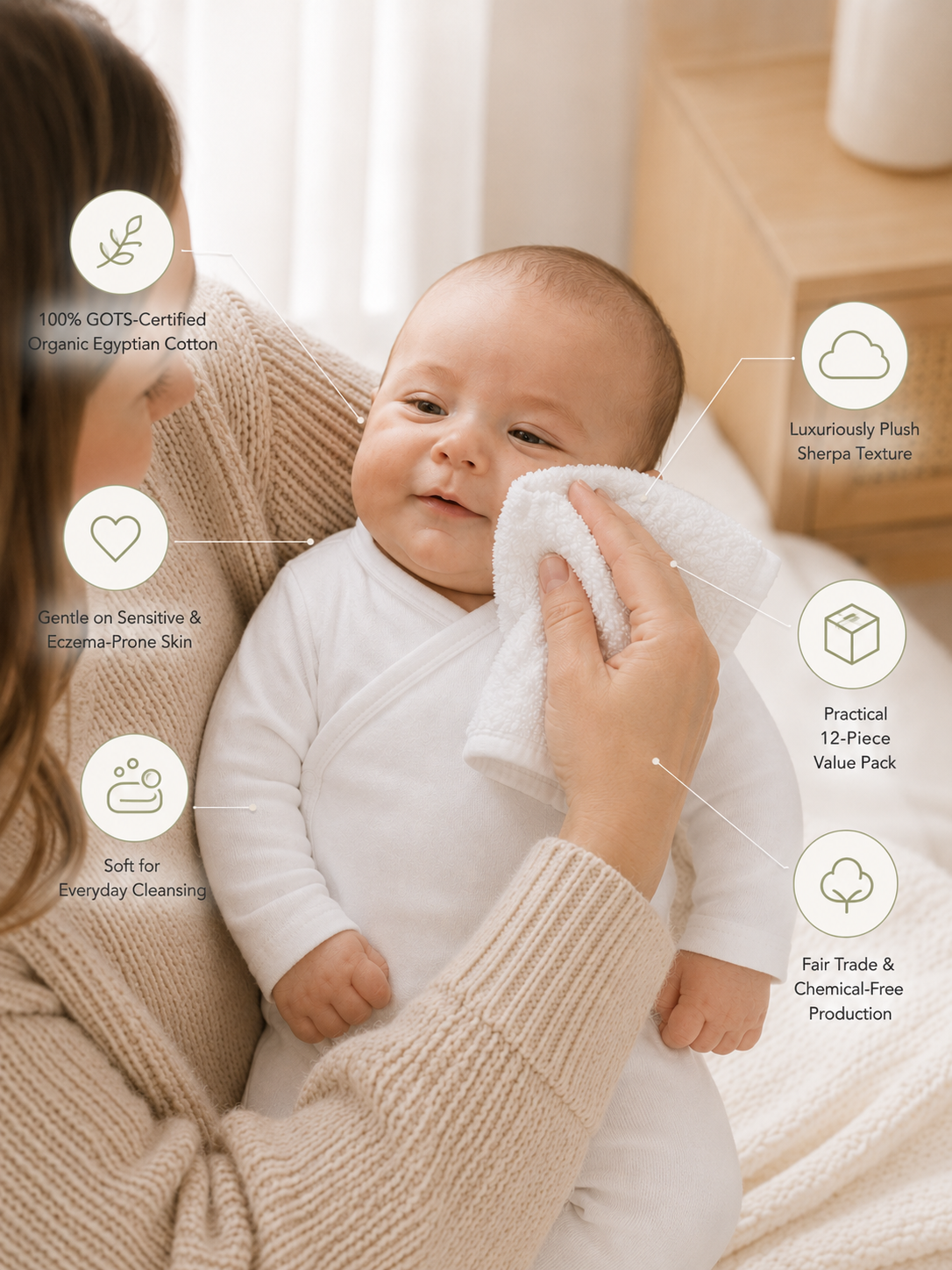 Parent gently cleaning a baby’s cheek with a white Organic Baby Washcloth for Sensitive Skin highlighting softness, breathability and suitability for sensitive skin.