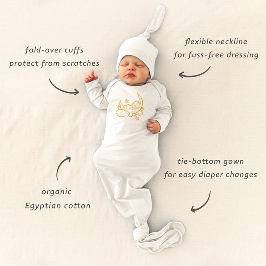 sleeping baby embroidered Gown with flexible neckline, fold-over cuffs, and tie-bottoms
