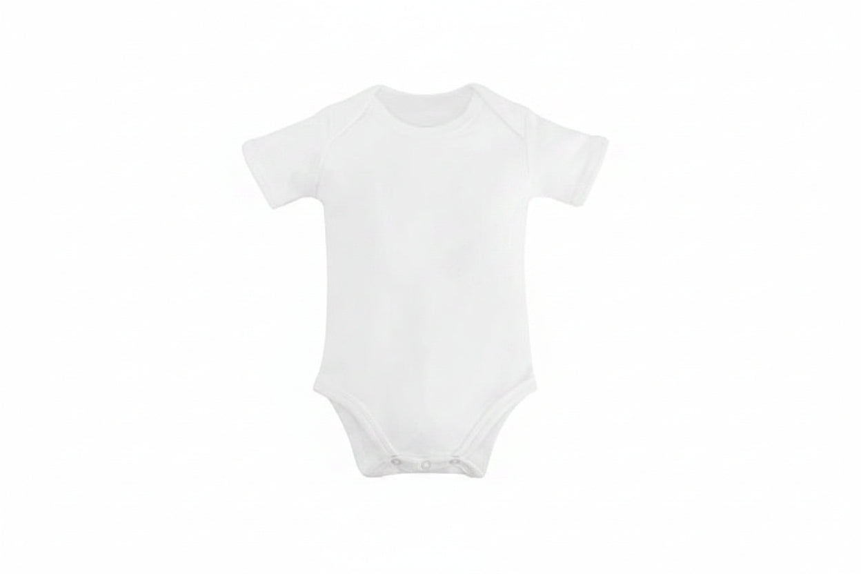 White Organic Baby Bodysuit for Sensitive Skin with short sleeves, lap shoulder neckline and popper fastening, made from 100% GOTS-certified organic Egyptian cotton by Prima Cotton.