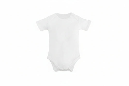 White Organic Baby Bodysuit for Sensitive Skin with short sleeves, lap shoulder neckline and popper fastening, made from 100% GOTS-certified organic Egyptian cotton by Prima Cotton.