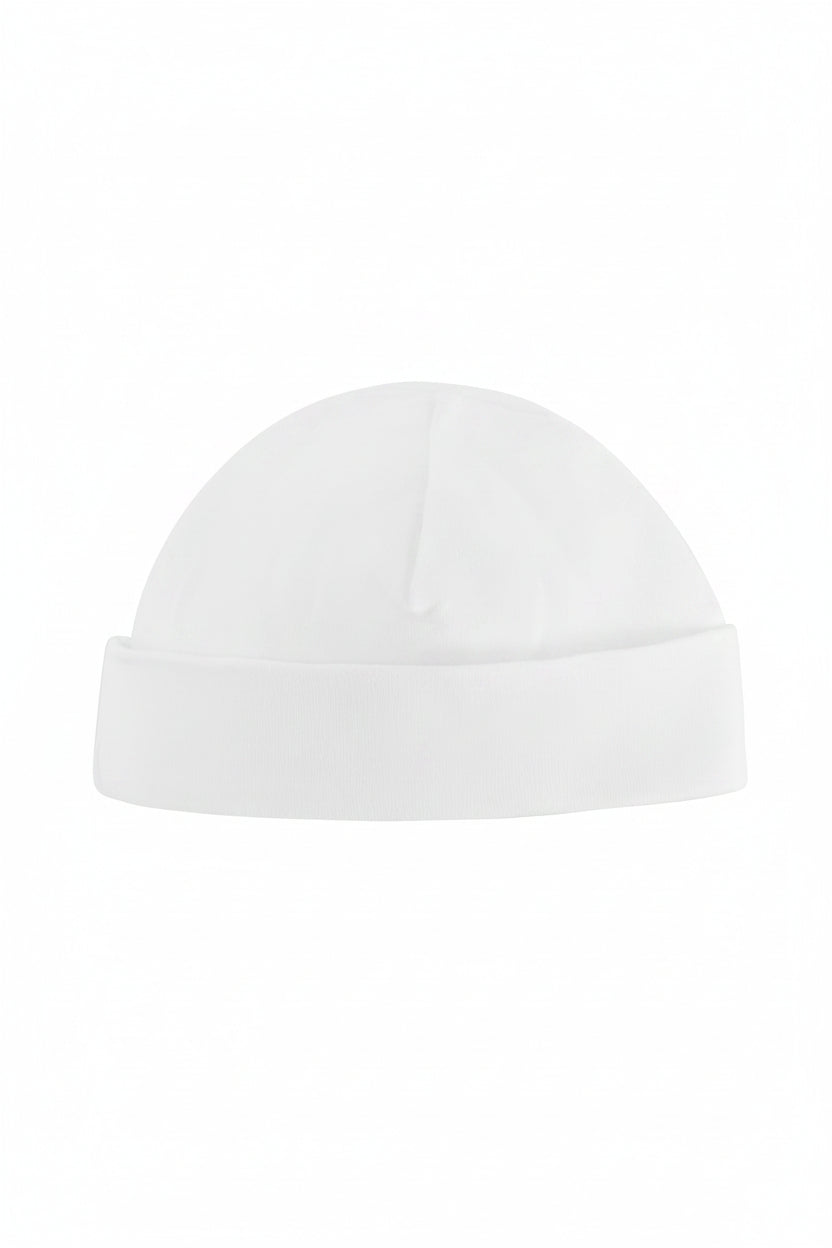 White Organic Baby Hat for Sensitive Skin made from 100% GOTS-certified organic Egyptian cotton by Prima Cotton.