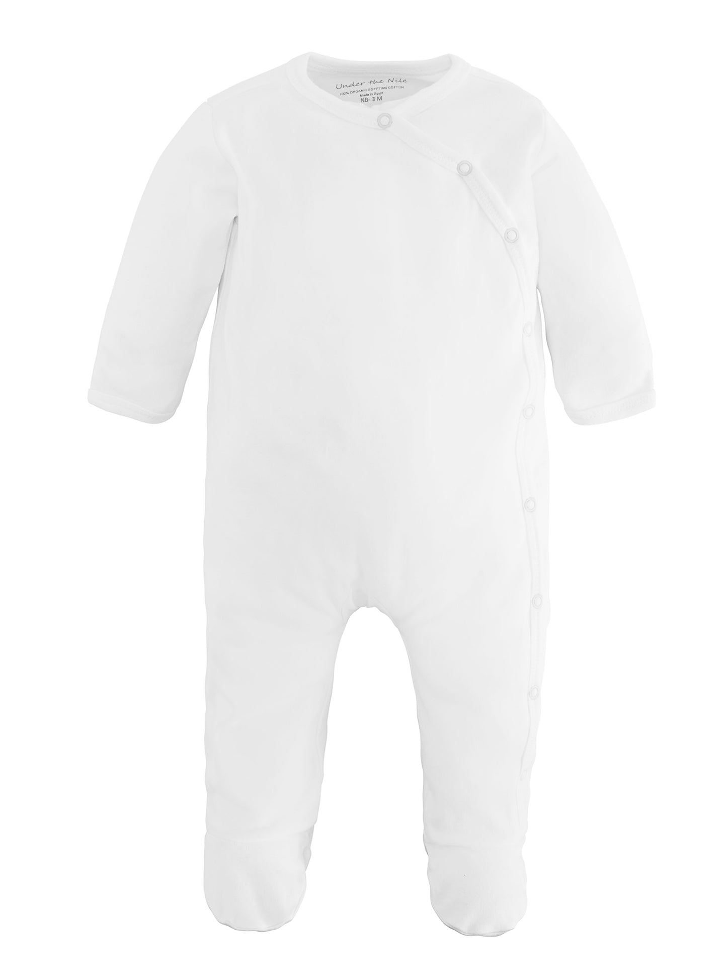White Organic Baby Sleepsuit for Sensitive Skin made from 100% GOTS-certified organic Egyptian cotton with a side snap fastening by Prima Cotton.